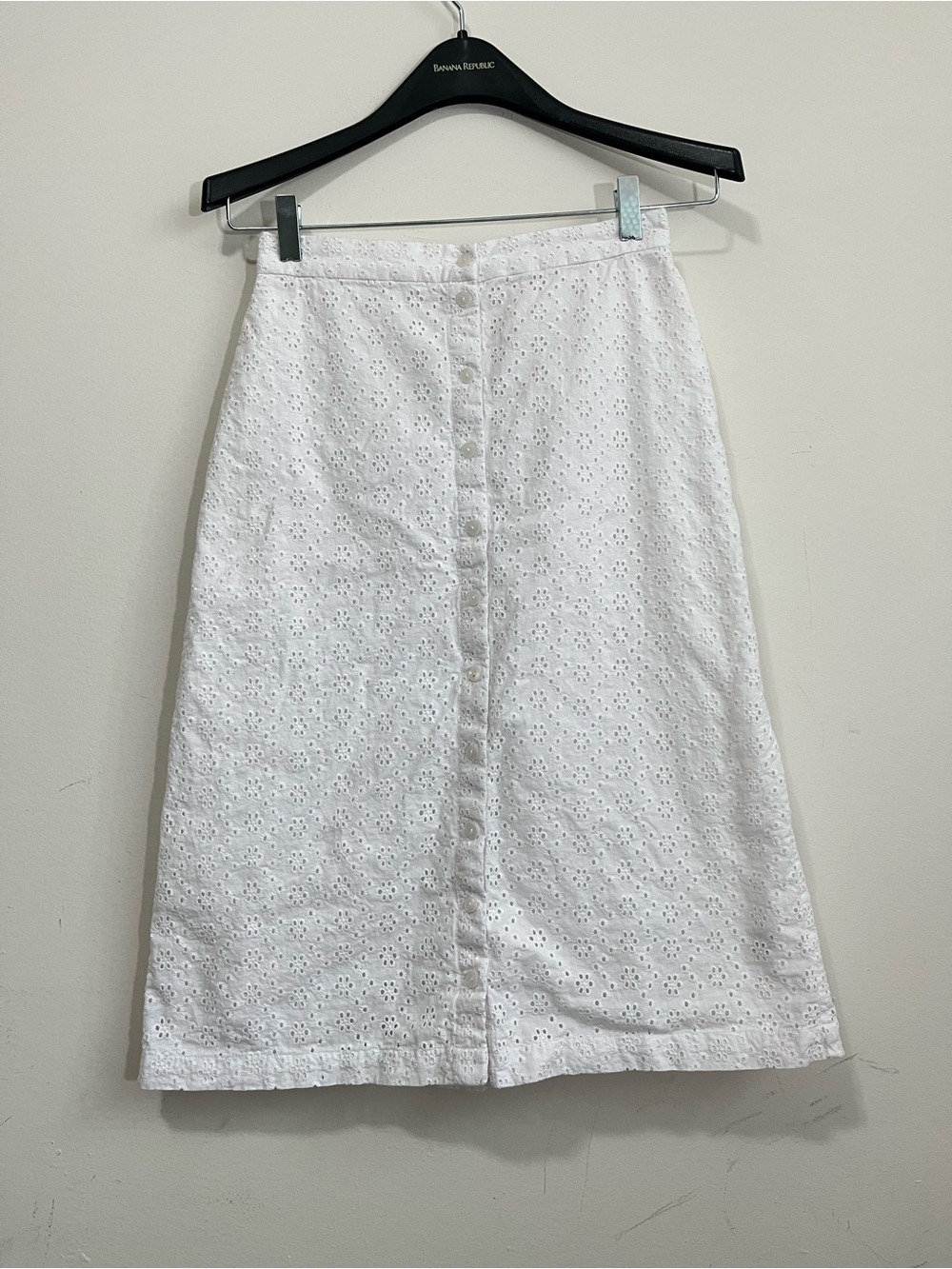 Rachel Parcell Womens White Midi Skirt S Floral Eyelet Button Front Cottagecore